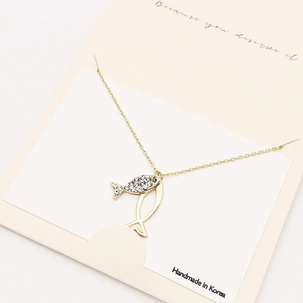 Gold Rhinestone Embellished Ichthys Pendant Necklace - Jewelry Store by Erik Rayo