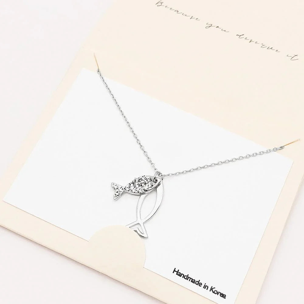Silver Rhinestone Embellished Ichthys Pendant Necklace - Jewelry Store by Erik Rayo