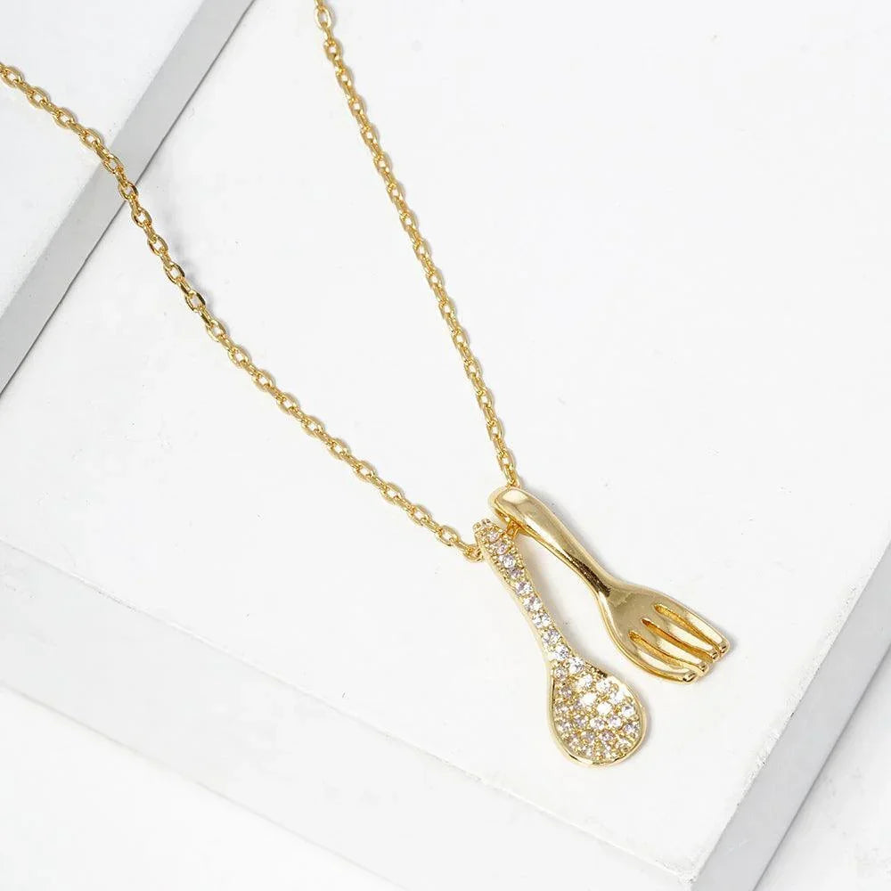 Gold Gold Dipped Stone Paved Spoon Fork Pendant Necklace - Jewelry Store by Erik Rayo