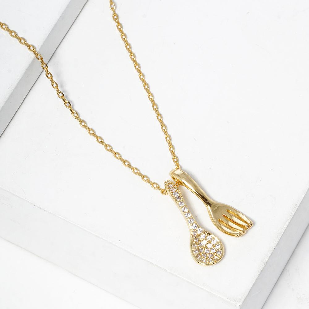 Gold Gold Dipped Stone Paved Spoon Fork Pendant Necklace