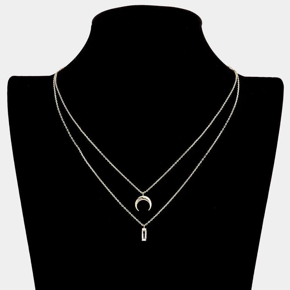 Gold Brass Metal Double Horn Rectangle Stone Pendant Layered Necklace - Jewelry Store by Erik Rayo