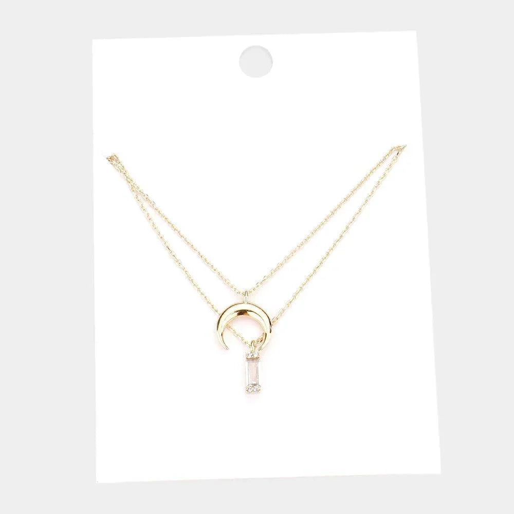 Gold Brass Metal Double Horn Rectangle Stone Pendant Layered Necklace - Jewelry Store by Erik Rayo