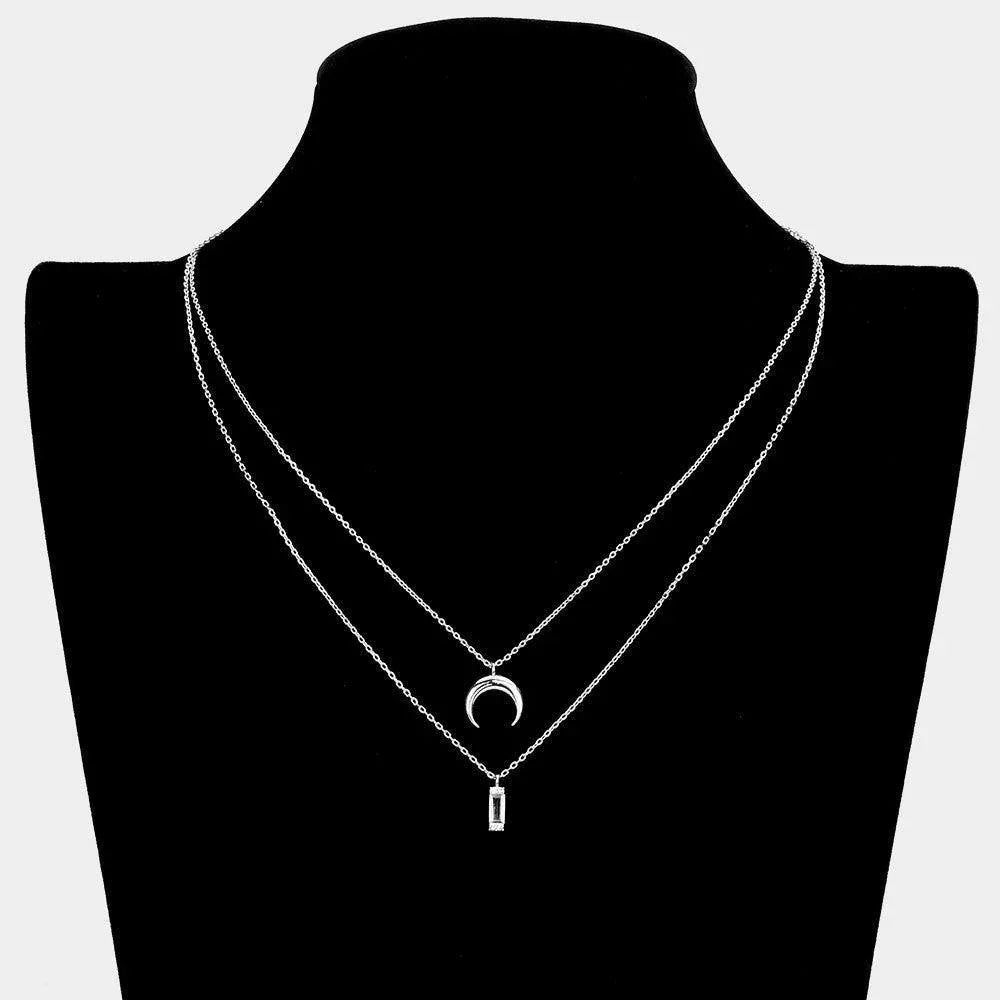 Silver Brass Metal Double Horn Rectangle Stone Pendant Layered Necklace - Jewelry Store by Erik Rayo