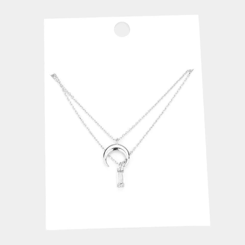 Silver Brass Metal Double Horn Rectangle Stone Pendant Layered Necklace - Jewelry Store by Erik Rayo