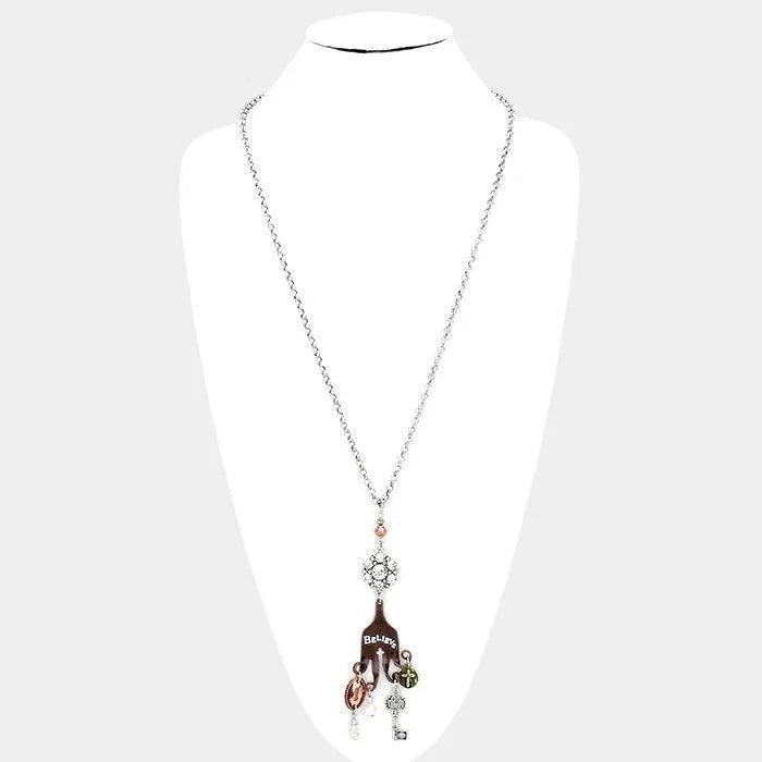 Silver "Believe" Cross Key Lock Pearl Pendants Long Necklace - Jewelry Store by Erik Rayo