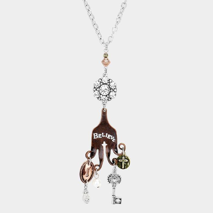 Silver "Believe" Cross Key Lock Pearl Pendants Long Necklace - Jewelry Store by Erik Rayo