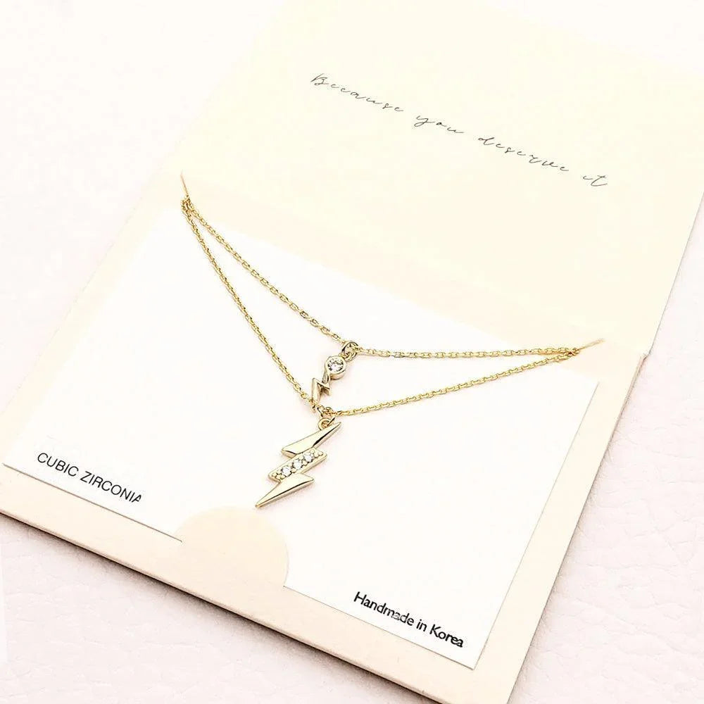 Gold CZ Embellished Metal Lightning Pendant Double Layered Necklace - Jewelry Store by Erik Rayo