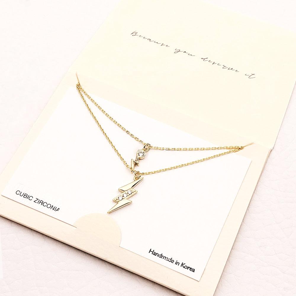 Gold CZ Embellished Metal Lightning Pendant Double Layered Necklace