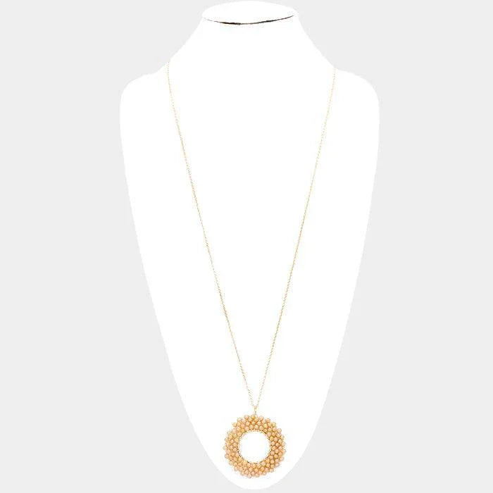 Gold Wire Wrapped Beaded Circle Pendant Long Necklace - Jewelry Store by Erik Rayo