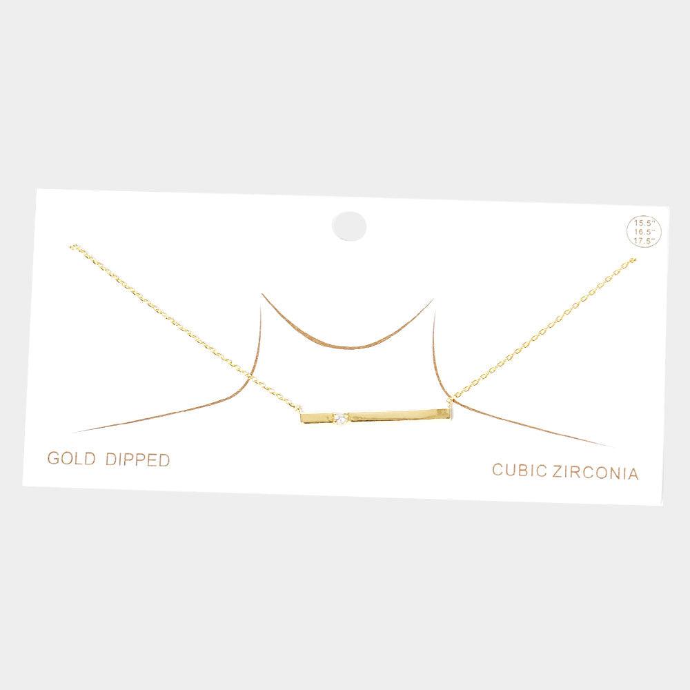 Gold CZ Embellished Gold Dipped Metal Bar Pendant Necklace