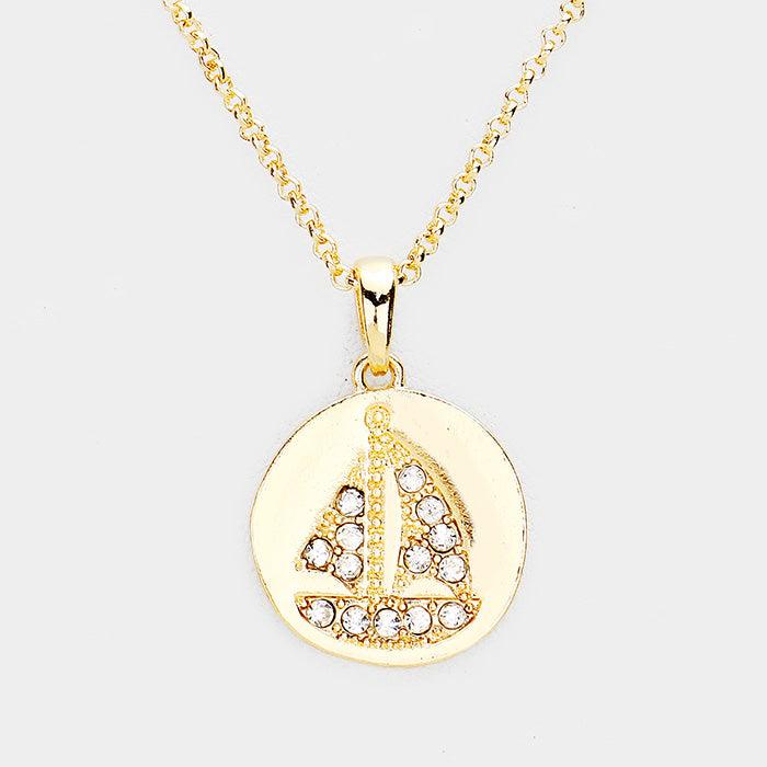 Gold Pave Stone Sailing Ship Pendant Necklace