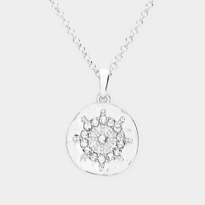 Clear Pave Stone Ship Wheel Pendant Necklace