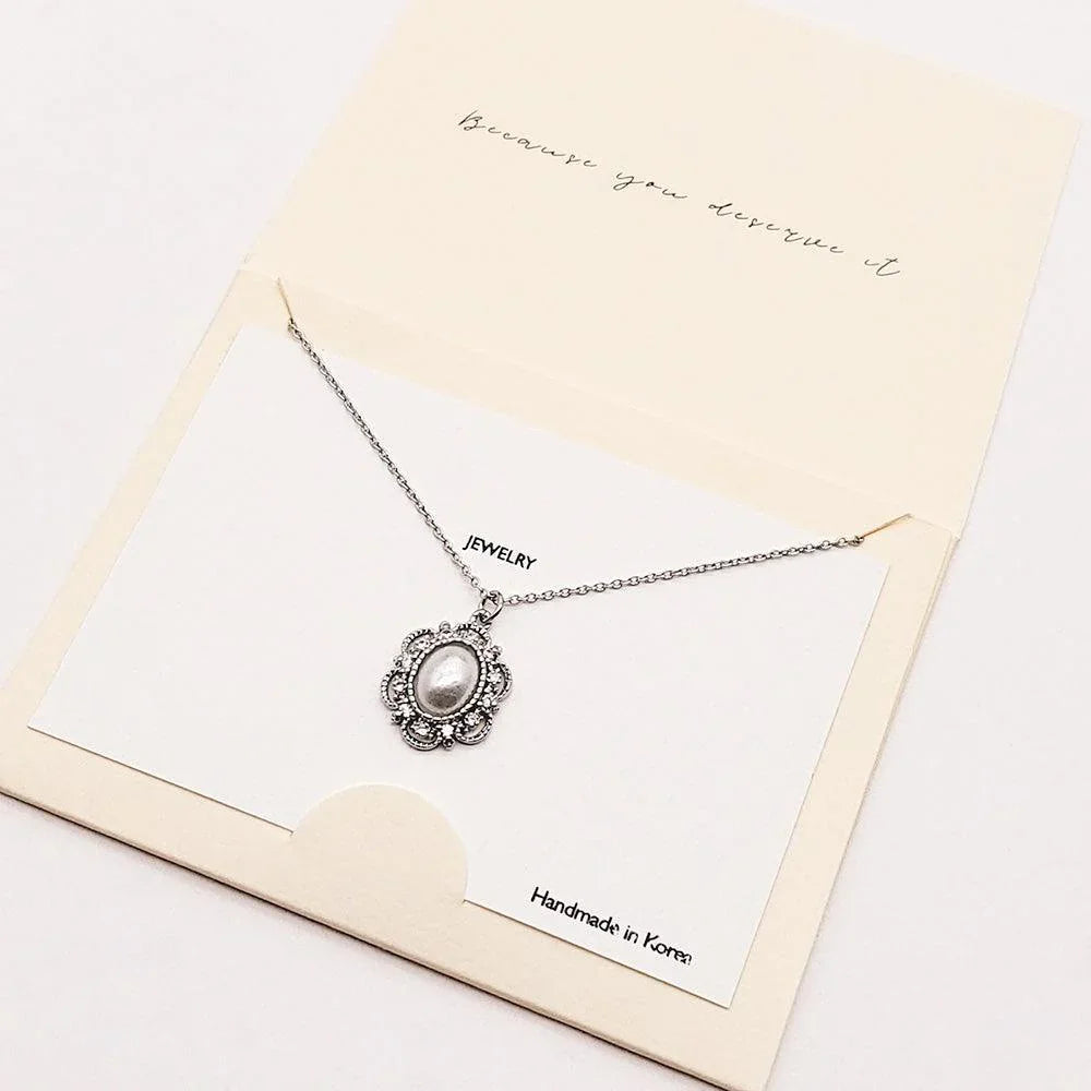 Cream CZ Embellished Oval Pearl Pendant Necklace