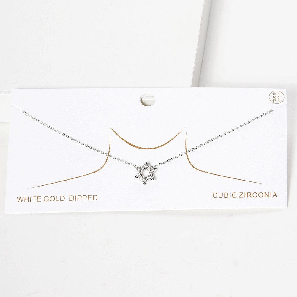 Gold CZ Stone Paved White Gold Dipped Star Of David Pendant Necklace