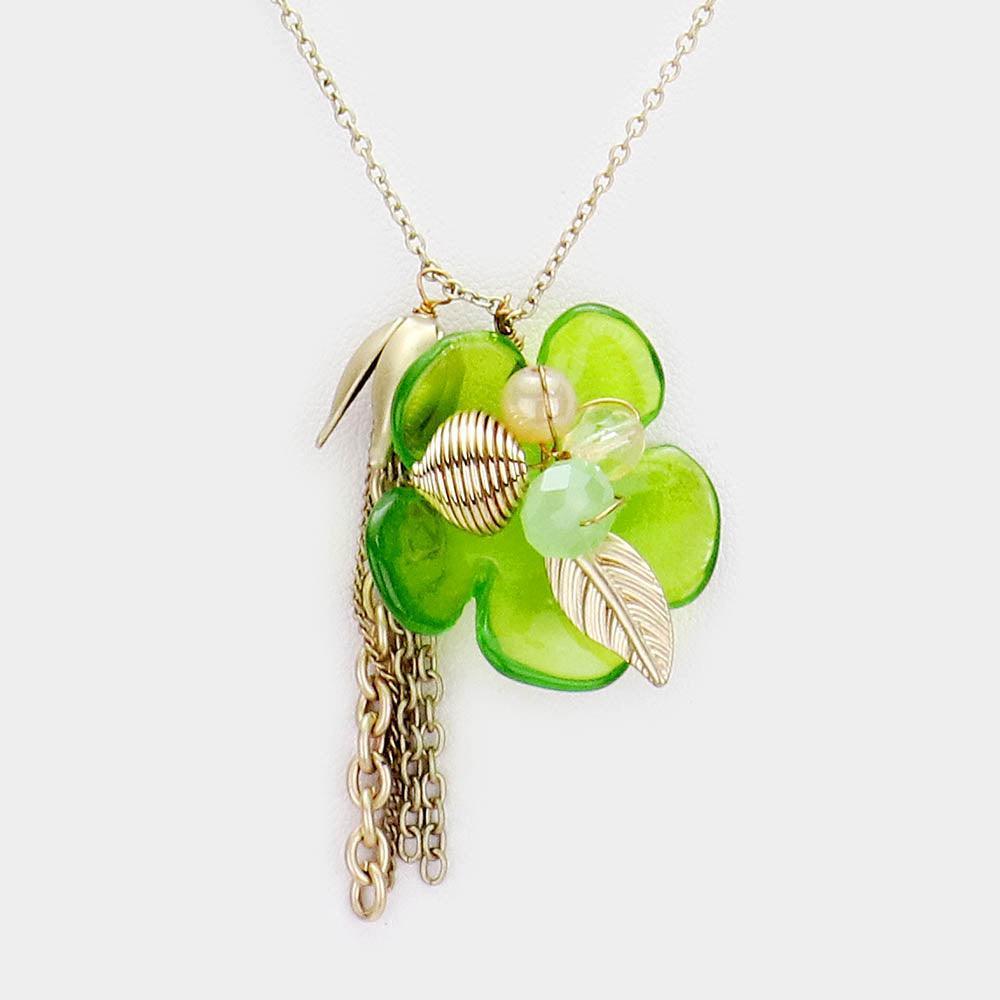 Green Bloom Flower Pendant Tassel Drop Necklace - Jewelry Store by Erik Rayo