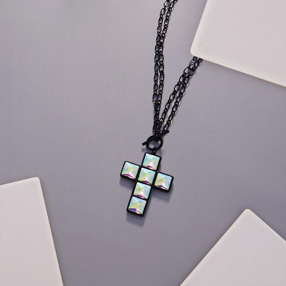 Black Crystal Stone Cross Pendant Toggle Necklace