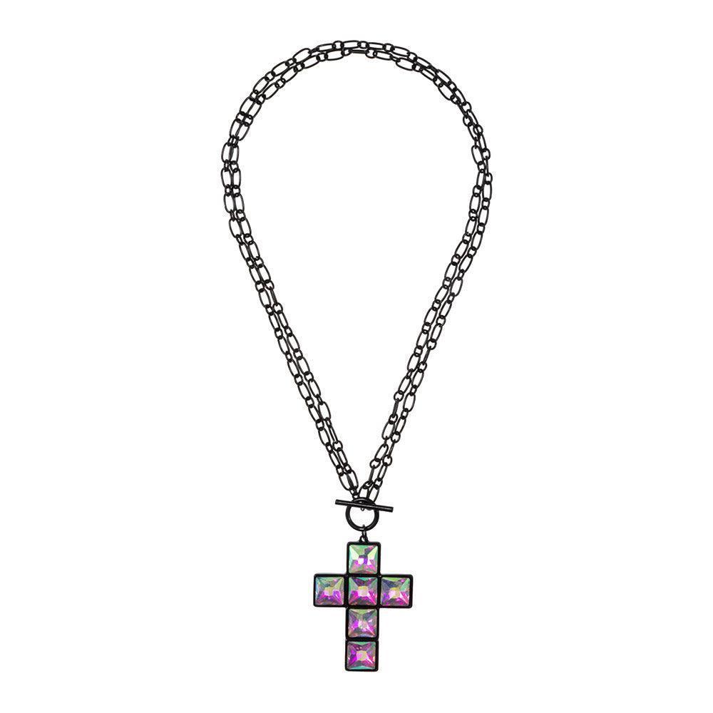 Black Crystal Stone Cross Pendant Toggle Necklace - Jewelry Store by Erik Rayo