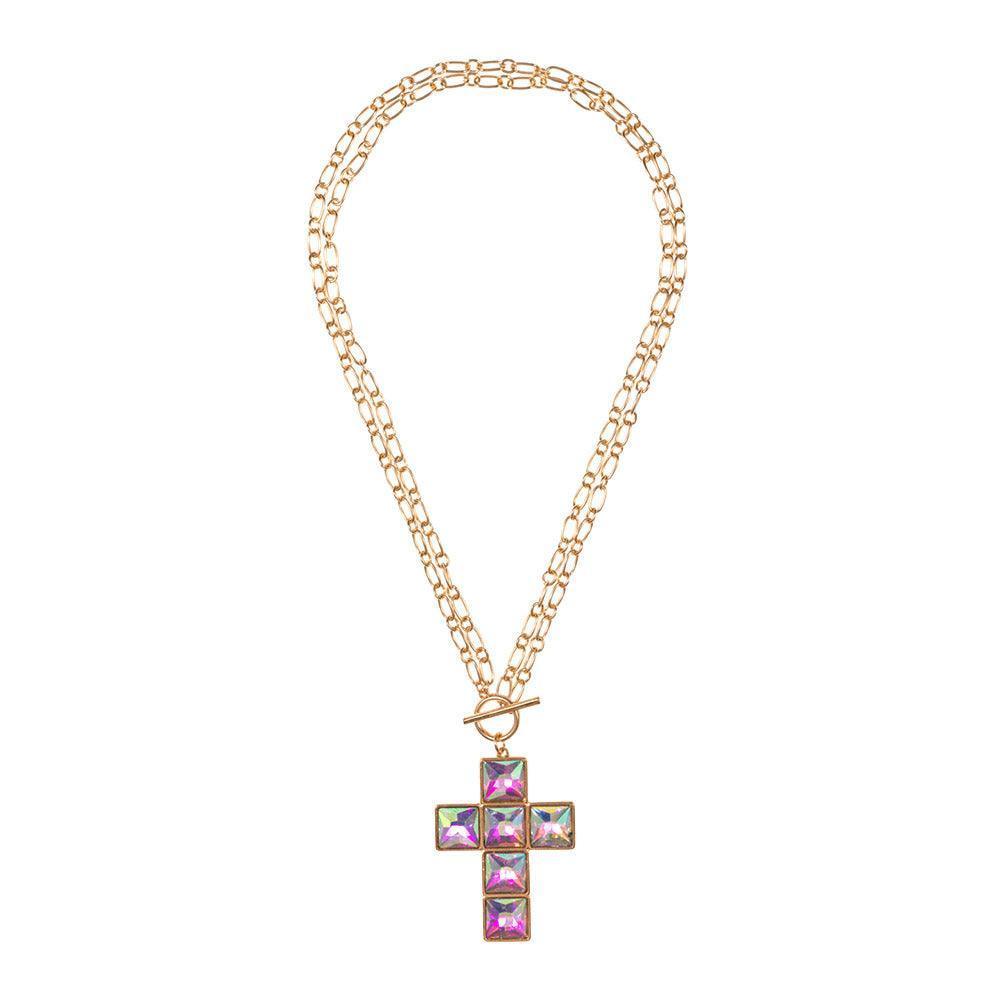 Gold Crystal Stone Cross Pendant Toggle Necklace - Jewelry Store by Erik Rayo
