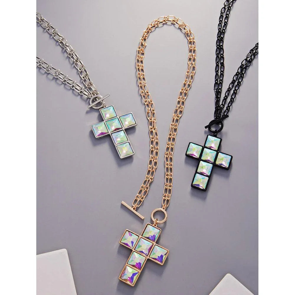Gold Crystal Stone Cross Pendant Toggle Necklace - Jewelry Store by Erik Rayo