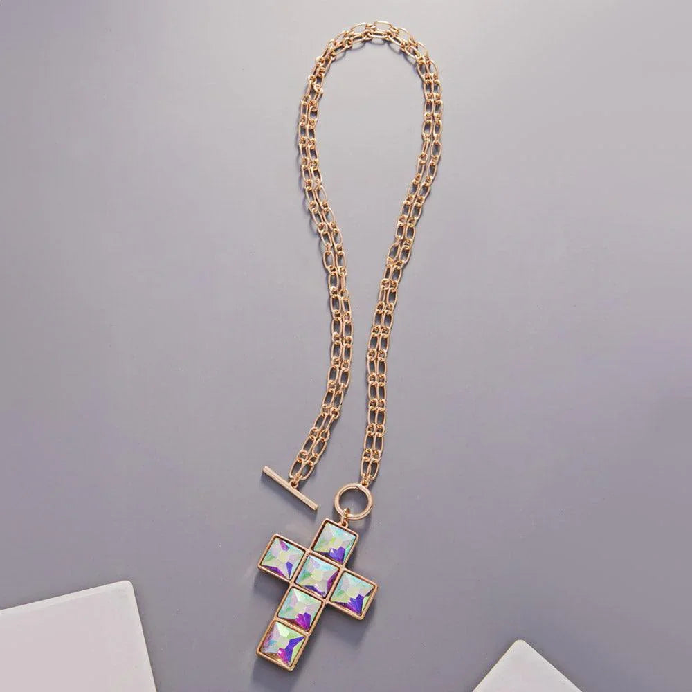 Gold Crystal Stone Cross Pendant Toggle Necklace - Jewelry Store by Erik Rayo