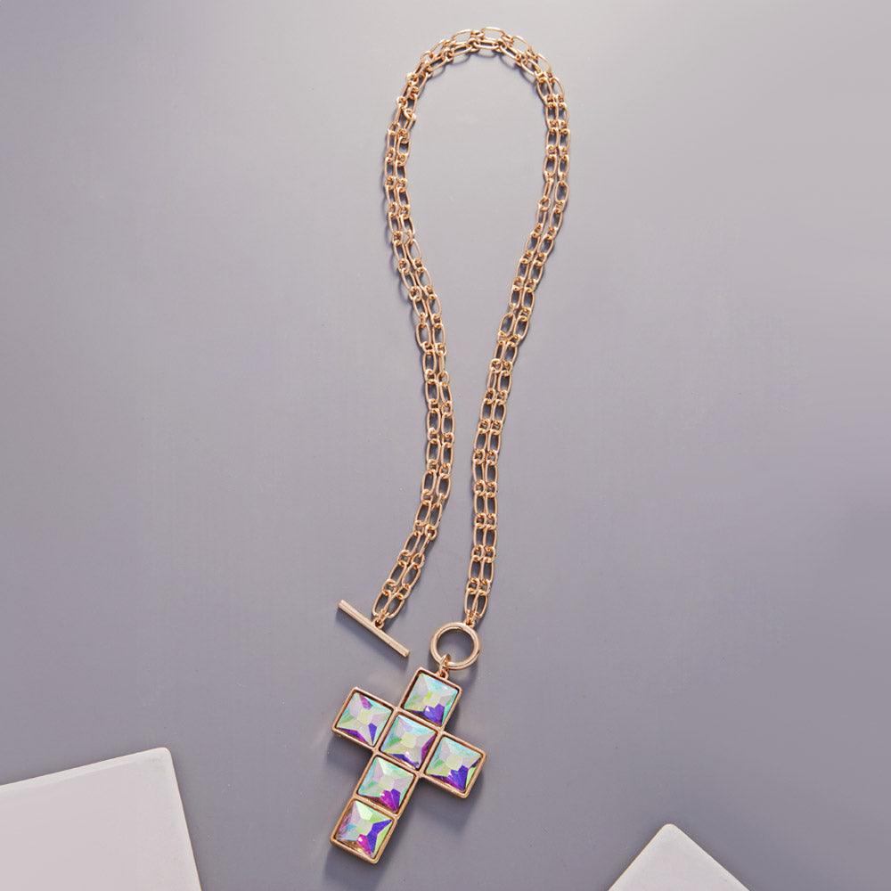 Gold Crystal Stone Cross Pendant Toggle Necklace