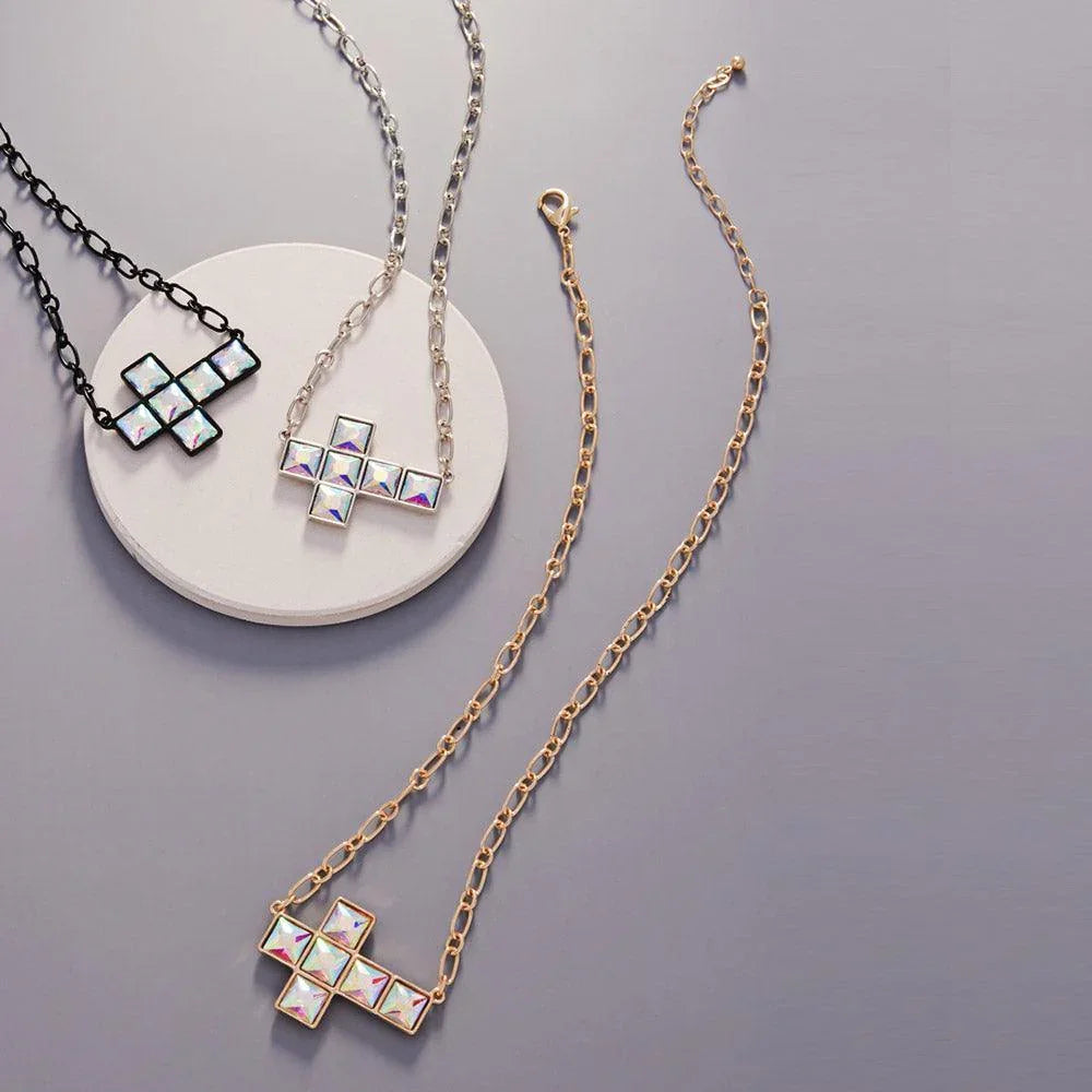 Black Crystal Stone Cross Necklace - Jewelry Store by Erik Rayo