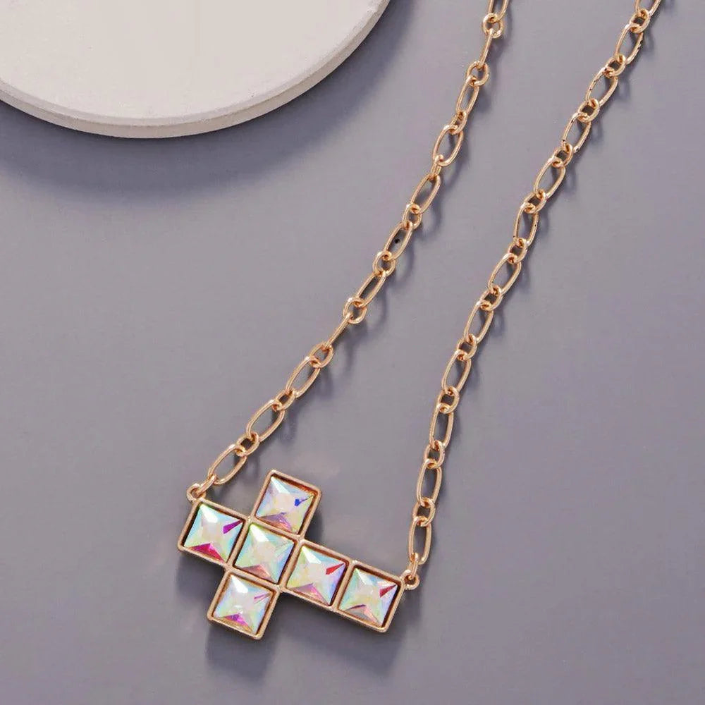 Gold Crystal Stone Cross Necklace - Jewelry Store by Erik Rayo