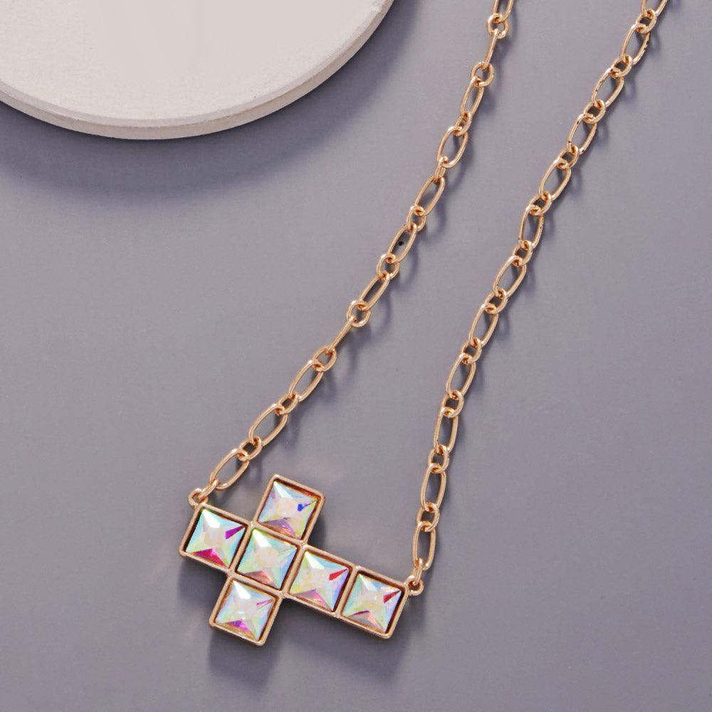 Gold Crystal Stone Cross Necklace