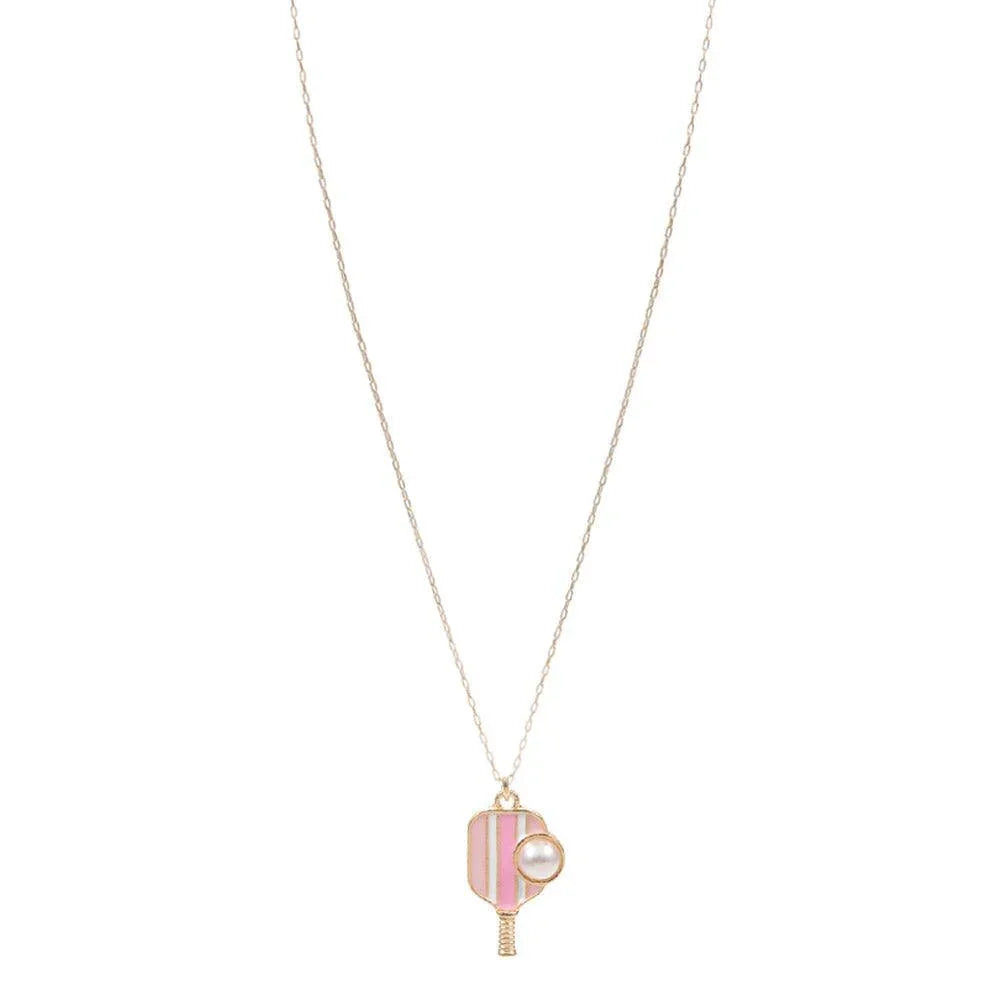 Pink Pearl Pointed Pickleball Racket Pendant Necklace - Jewelry Store by Erik Rayo