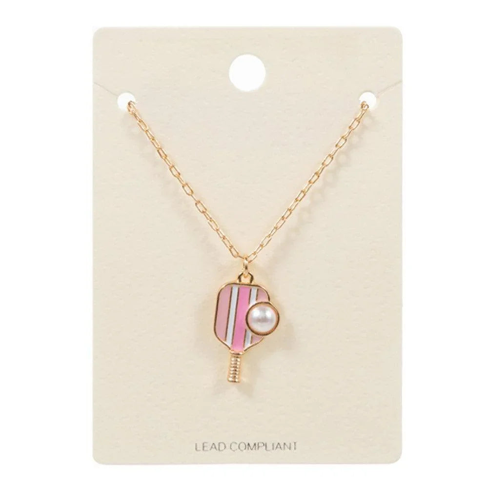 Pink Pearl Pointed Pickleball Racket Pendant Necklace - Jewelry Store by Erik Rayo