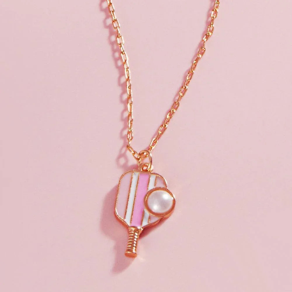 Pink Pearl Pointed Pickleball Racket Pendant Necklace - Jewelry Store by Erik Rayo