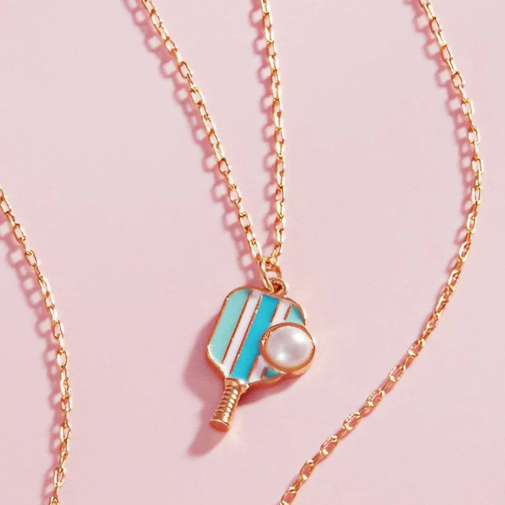 Turquoise Pearl Pointed Pickleball Racket Pendant Necklace - Jewelry Store by Erik Rayo
