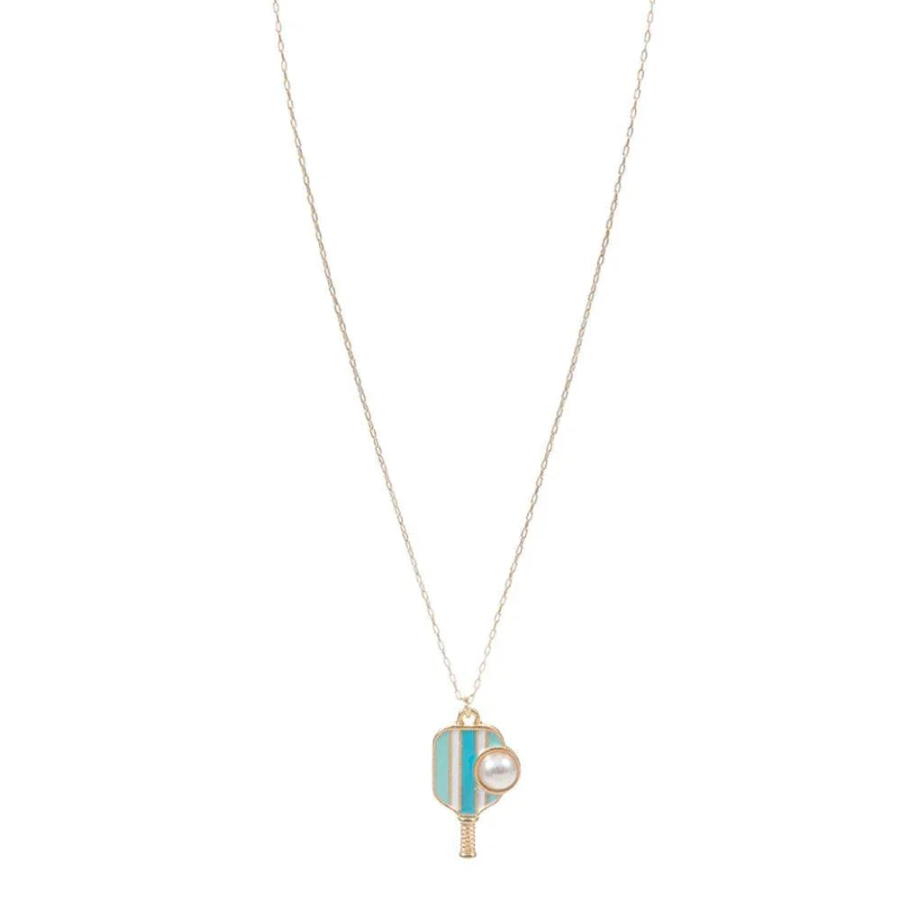 Turquoise Pearl Pointed Pickleball Racket Pendant Necklace - Jewelry Store by Erik Rayo