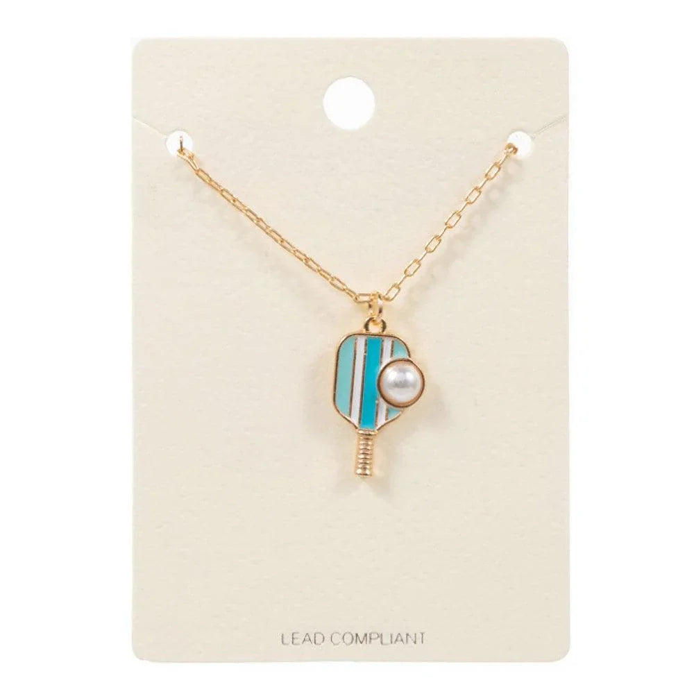 Turquoise Pearl Pointed Pickleball Racket Pendant Necklace - Jewelry Store by Erik Rayo