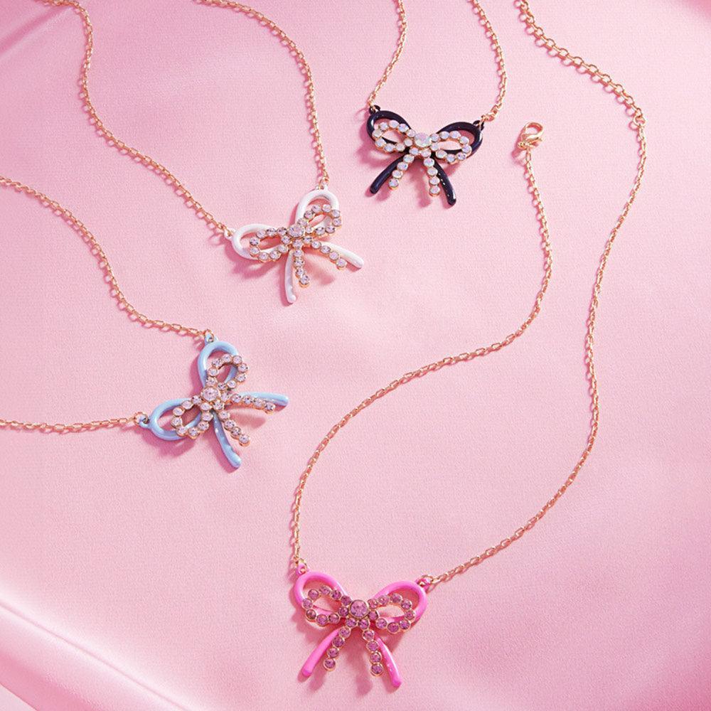 Pink Rhinestone Pointed Enamel Bow Pendant Necklace - Jewelry Store by Erik Rayo