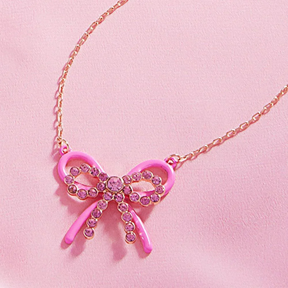 Pink Rhinestone Pointed Enamel Bow Pendant Necklace - Jewelry Store by Erik Rayo