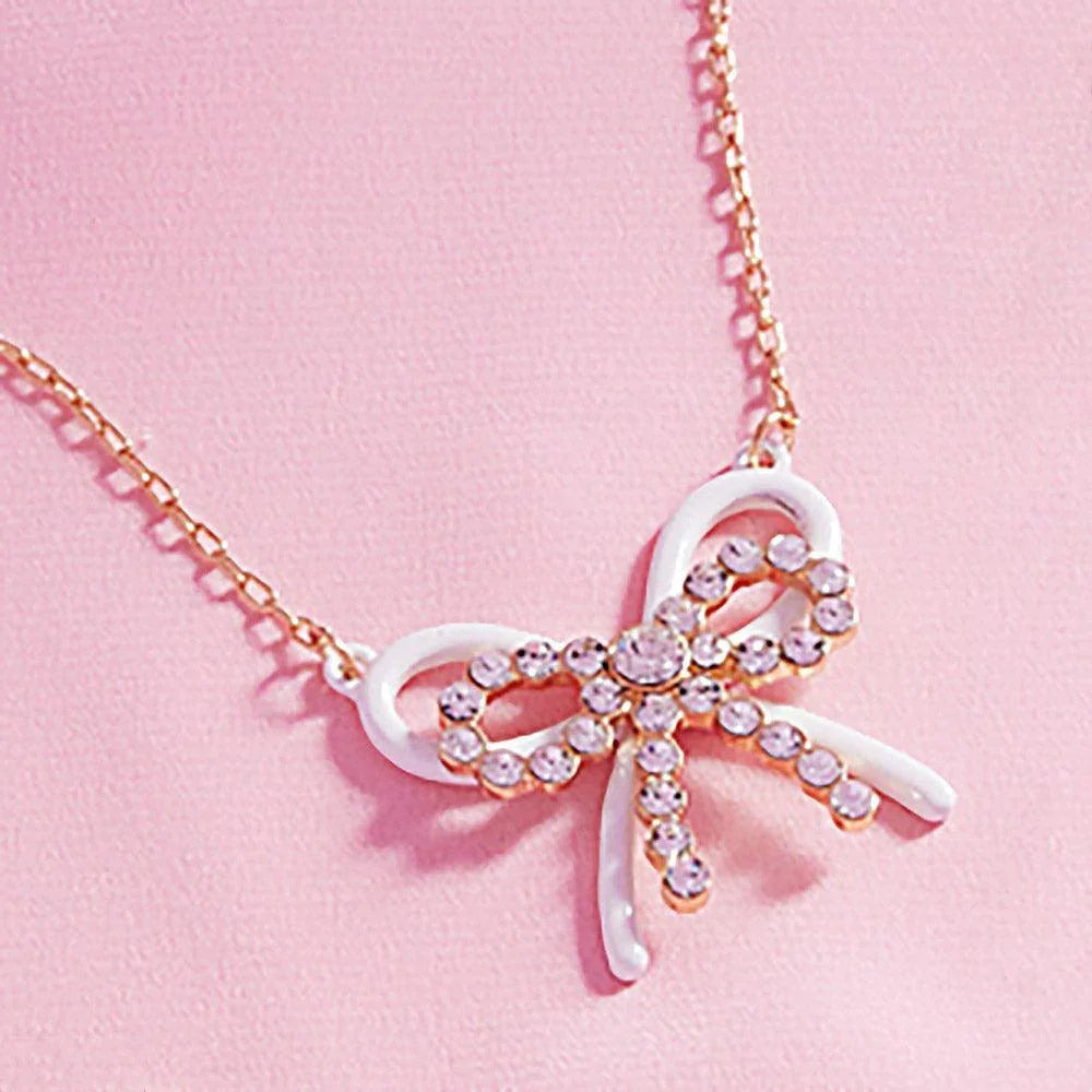 Clear Rhinestone Pointed Enamel Bow Pendant Necklace - Jewelry Store by Erik Rayo