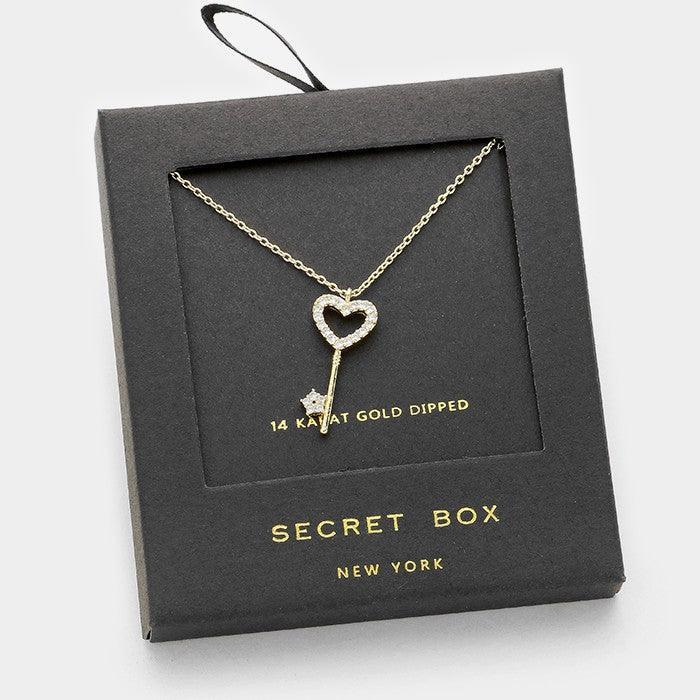 14K Gold Dipped crystal heart key pendant necklace with Secret Box - Jewelry Store by Erik Rayo