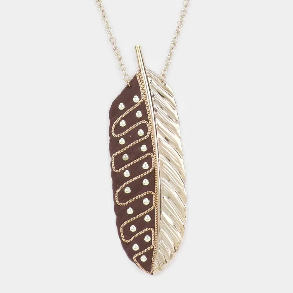Gold Oversized Leaf Metal Stud Pendant Link Long Necklace - Jewelry Store by Erik Rayo