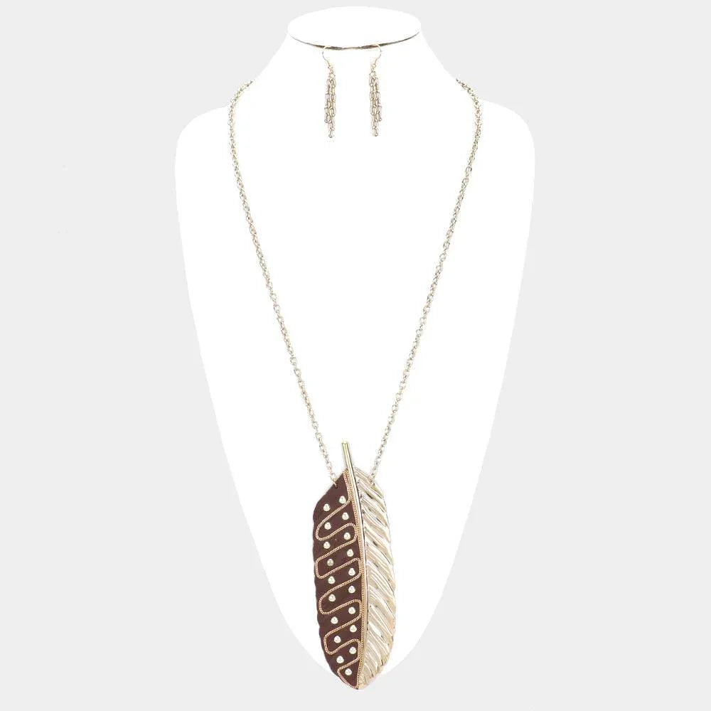 Gold Oversized Leaf Metal Stud Pendant Link Long Necklace - Jewelry Store by Erik Rayo