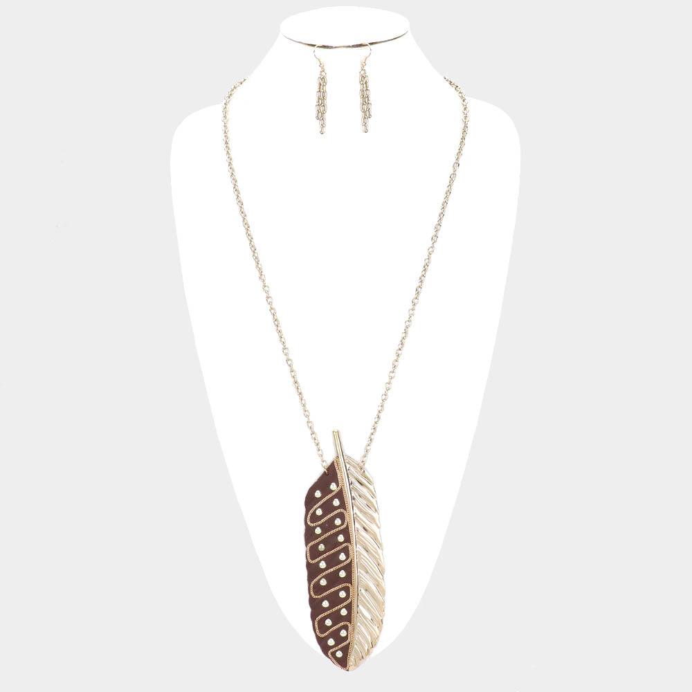 Gold Oversized Leaf Metal Stud Pendant Link Long Necklace