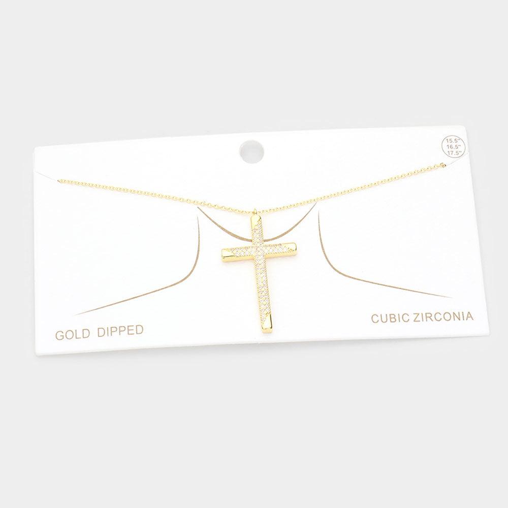 Gold Gold Dipped CZ Embellished Metal Cross Pendant Necklace