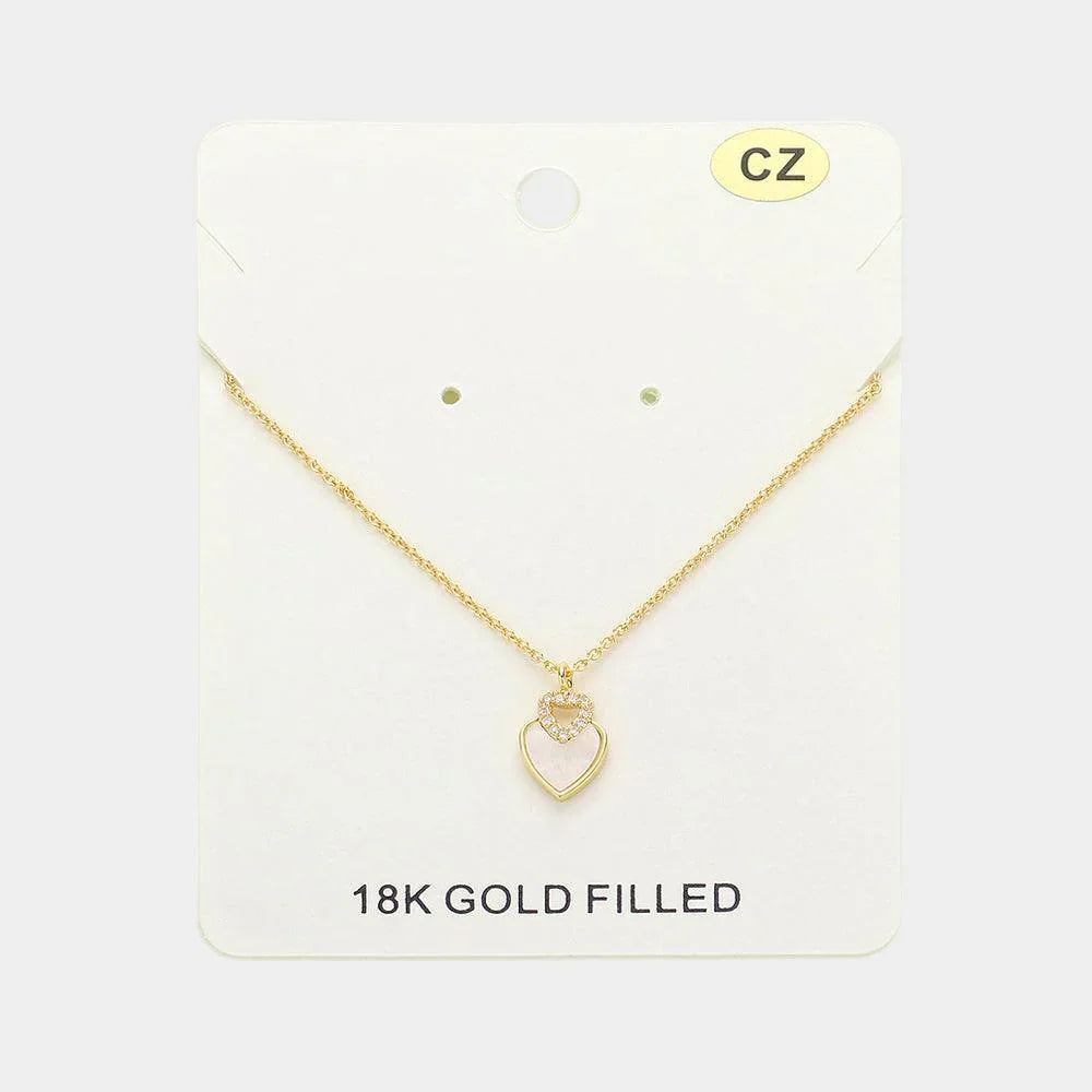 Gold 18K Gold Filled Mother Of Pearl CZ Stone Paved Heart Pendant Necklace - Jewelry Store by Erik Rayo