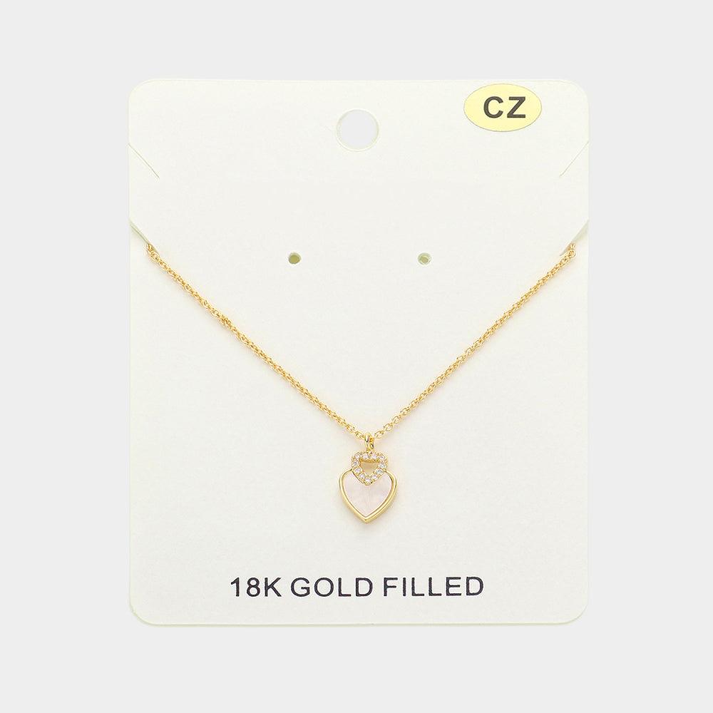 Gold 18K Gold Filled Mother Of Pearl CZ Stone Paved Heart Pendant Necklace