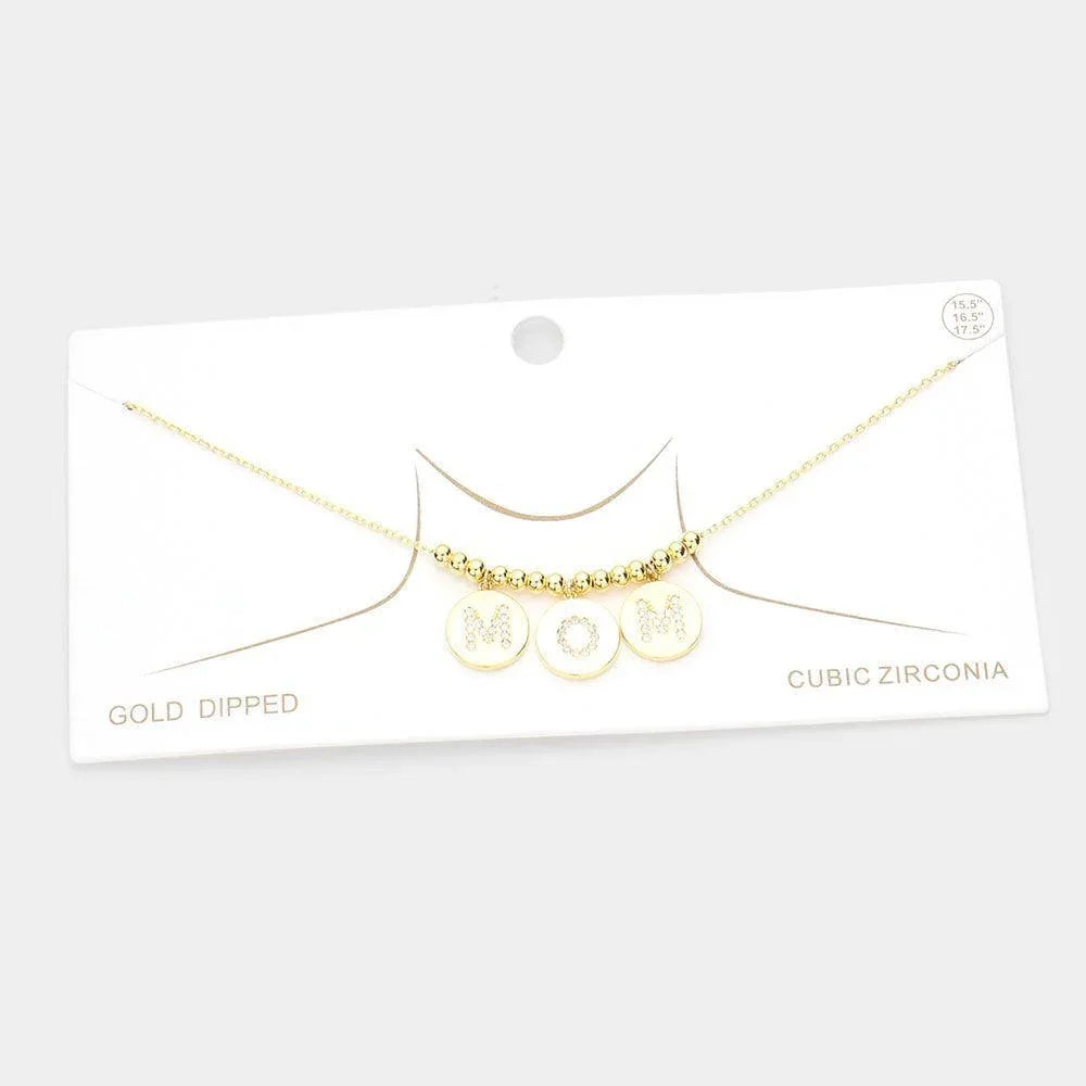 Gold MOM Gold Dipped CZ Embellished Metal Round Message Pendant Necklace - Jewelry Store by Erik Rayo