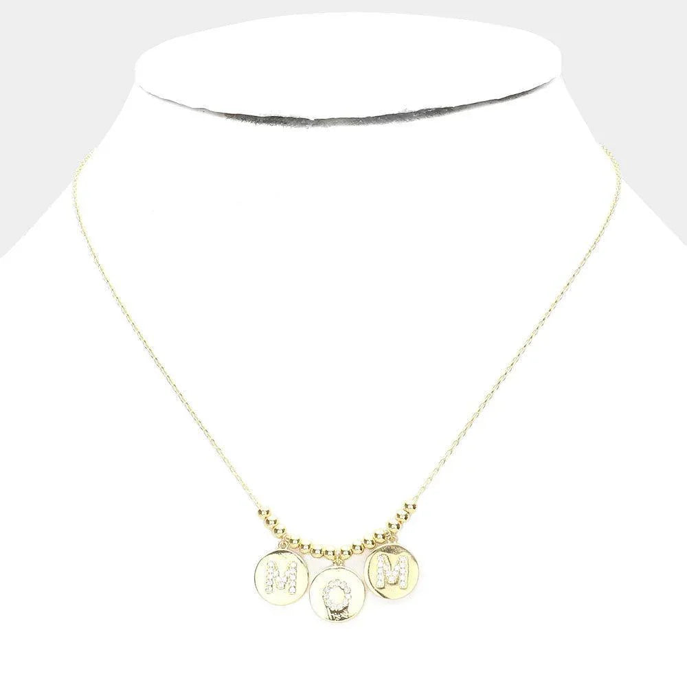 Gold MOM Gold Dipped CZ Embellished Metal Round Message Pendant Necklace - Jewelry Store by Erik Rayo