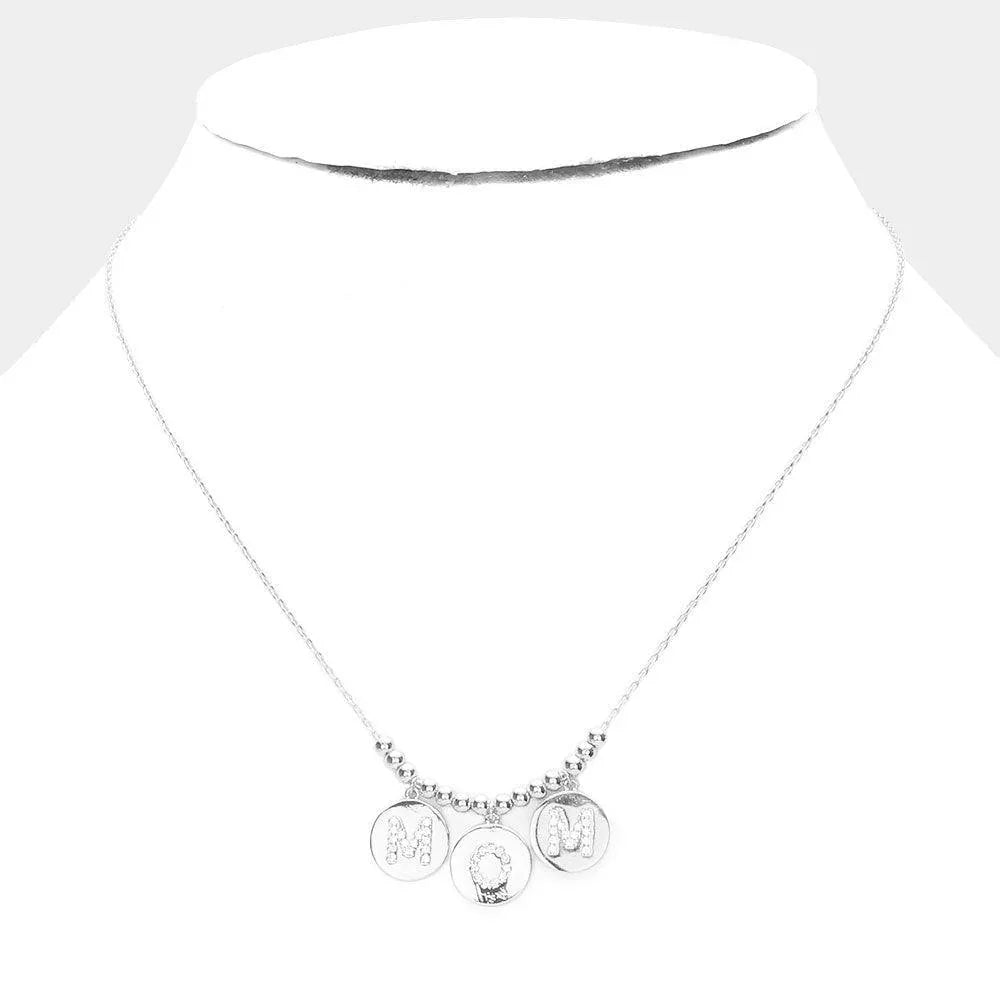 Gold MOM White Gold Dipped CZ Embellished Metal Round Message Pendant Necklace - Jewelry Store by Erik Rayo