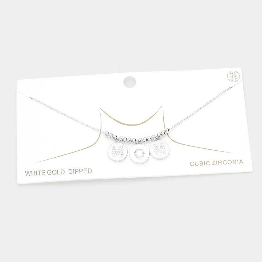 Gold MOM White Gold Dipped CZ Embellished Metal Round Message Pendant Necklace - Jewelry Store by Erik Rayo
