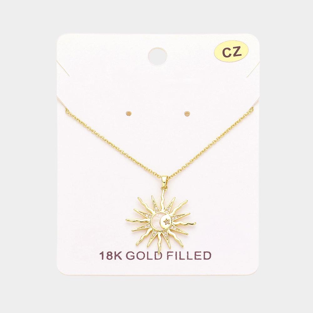 Gold 18K Gold Filled CZ Stone Sunburst Pendant Necklace