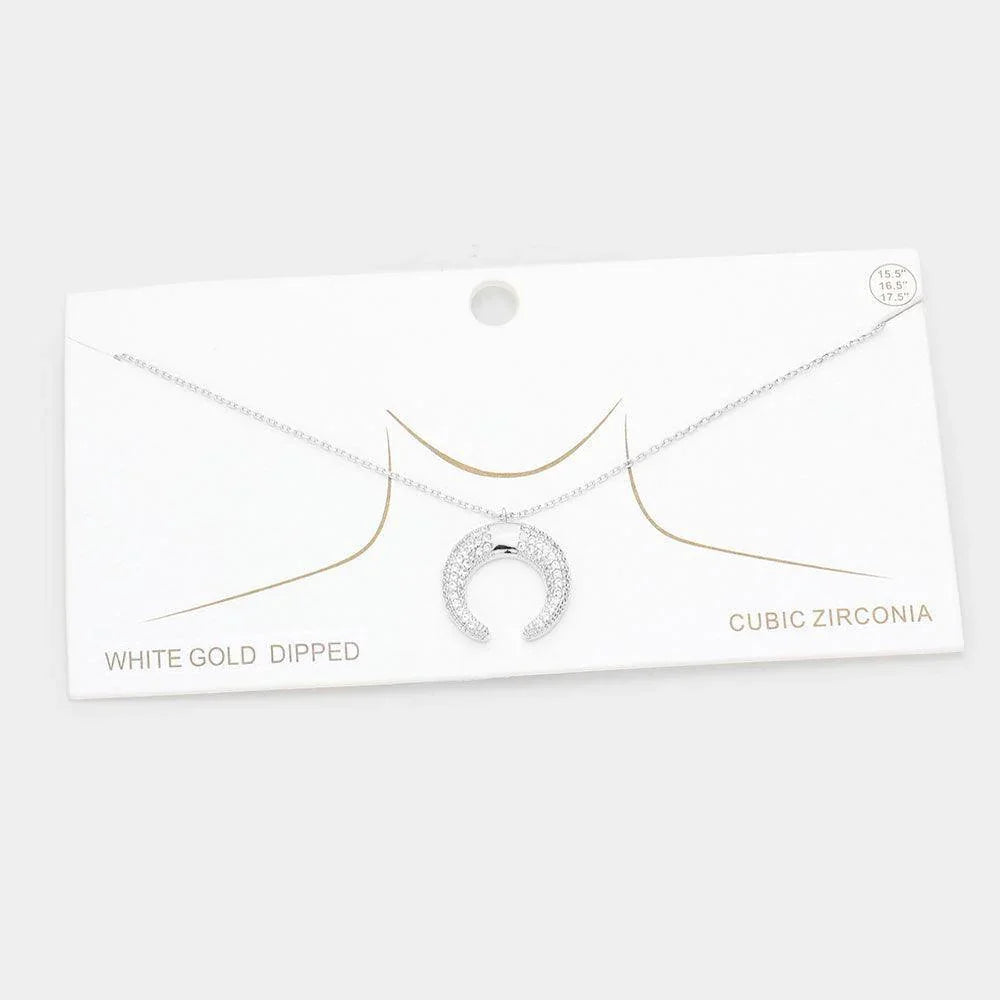 Gold White Gold Dipped CZ Embellished Metal Horn Pendant Necklace - Jewelry Store by Erik Rayo